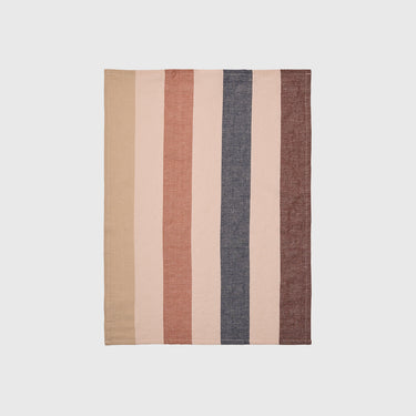 Striped tea towel with horizontal lines in various colours on a light grey background
