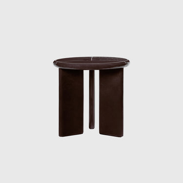 Brown side table with a round top and cylindrical legs on a light gray background