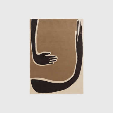 A square area rug with an abstract, minimalist design featuring black and dark brown organic shapes outlined in beige on a taupe background, shown flat against a light gray background.