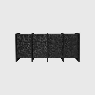Black woven screen on a light gray background