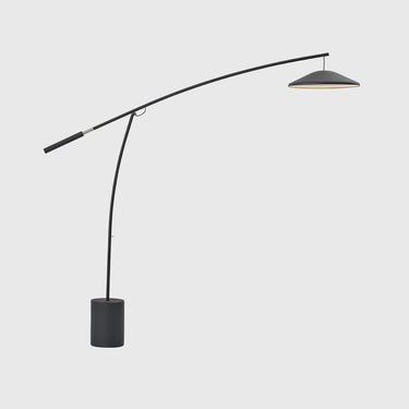 A modern black floor lamp with a curved gothic-style arch, a cylindrical base, and a conical shade, shown against a light gray background.