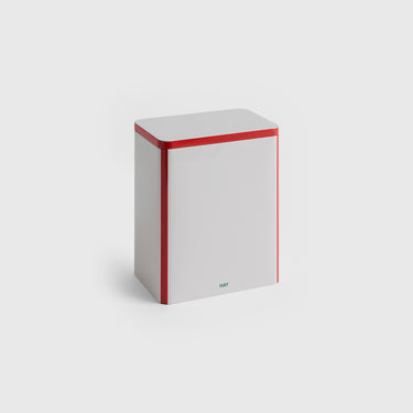 A white rectangular storage box with red trim along the top edge and side seams, featuring a small green 'HAY' logo near the bottom, set against a light gray background.
