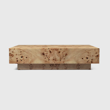 A rectangular burl wood veneer coffee table with a plain white background.