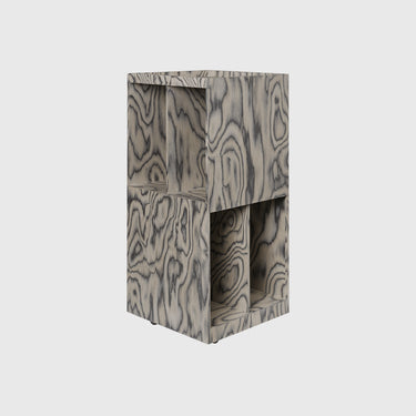A modern, minimalist storage cabinet with a gray and white wood grain pattern, featuring two open shelves, shown on a solid light gray background.