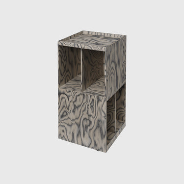 A modern two-tier wooden side table or storage unit with a distinctive wavy grain pattern, shown on a solid light gray background.