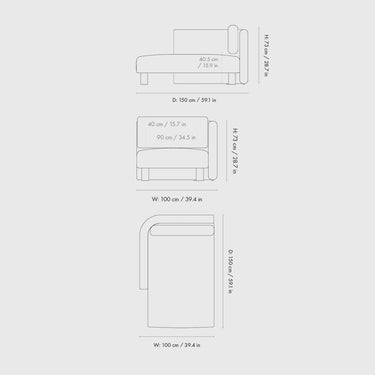Ferm Living - Dase Sofa - Chaise Longue - Left Armrest - dimensions