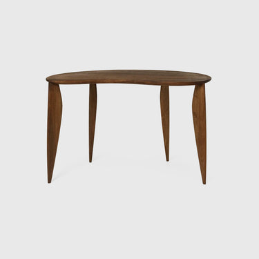 A mid-century modern wooden console table with a dark brown oval top and tapered legs, shown against a light gray background.