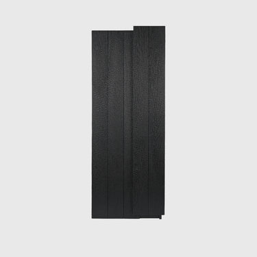 Black textured vertical wood-look paneling shown as two overlapping rectangular pieces on a light gray background.