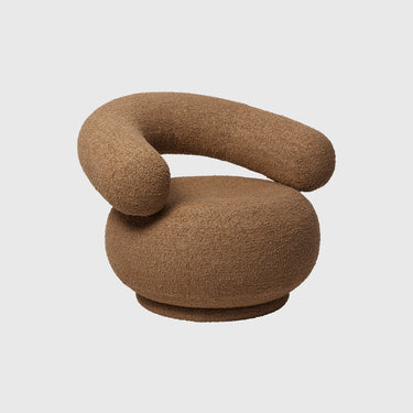 Brown, modern chair with a unique design on a light gray background