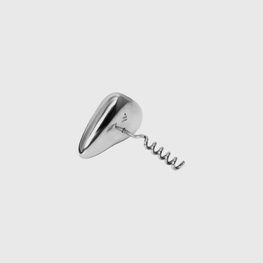 Silver corkscrew on a light gray background