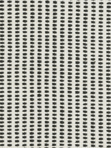A close-up of a woven fabric pattern featuring a black and off-white vertical dotted grid design.