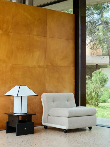 Hay - Ava Pyramid Table Lamp - 450 with Amanta Sofa and wood Box Coffee Table