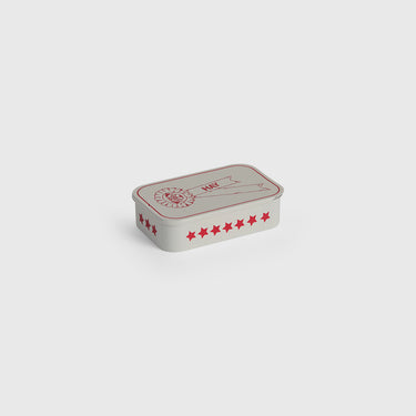 Rectangular tin box with red star patterns on a light grey background
