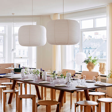 Hay Donut paper Shade with CPH  Dining Table and Rey Stools and Bernard Lounge Chairs