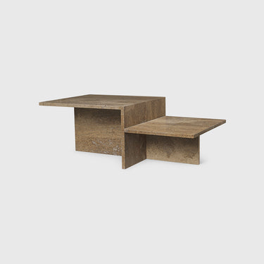 A dark brown travertine coffee table with a minimalist design, featuring a flat top and angled lower section.