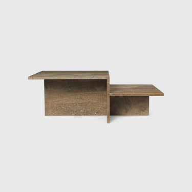 A dark brown travertine coffee table with a minimalist design, featuring a flat top and angled lower section.