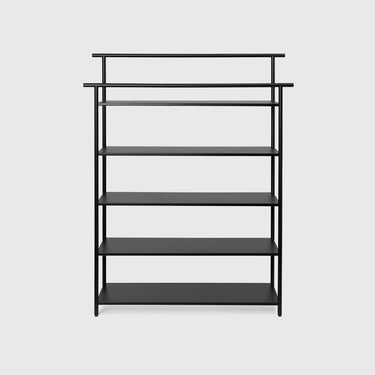 Black shelving rack with five shelfs on a light grey background